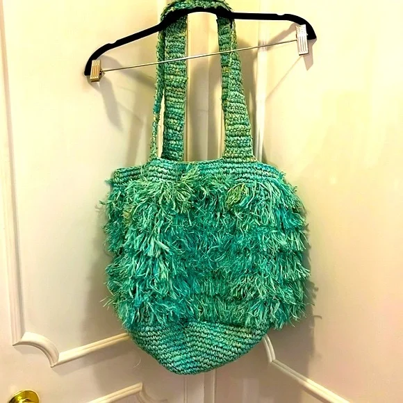 Straw raffia green blue shoulder tote bag - Picture 2 of 5